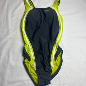 Speedo One Piece Swimsuit Size 10 Gray Lime Green Women Athletic Swimming
